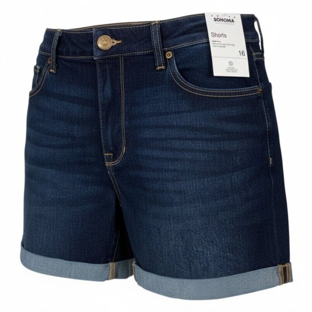 Sonoma Womens NEW 16 High Rise Denim Straight Jean Shorts Cuffed Dark Wash